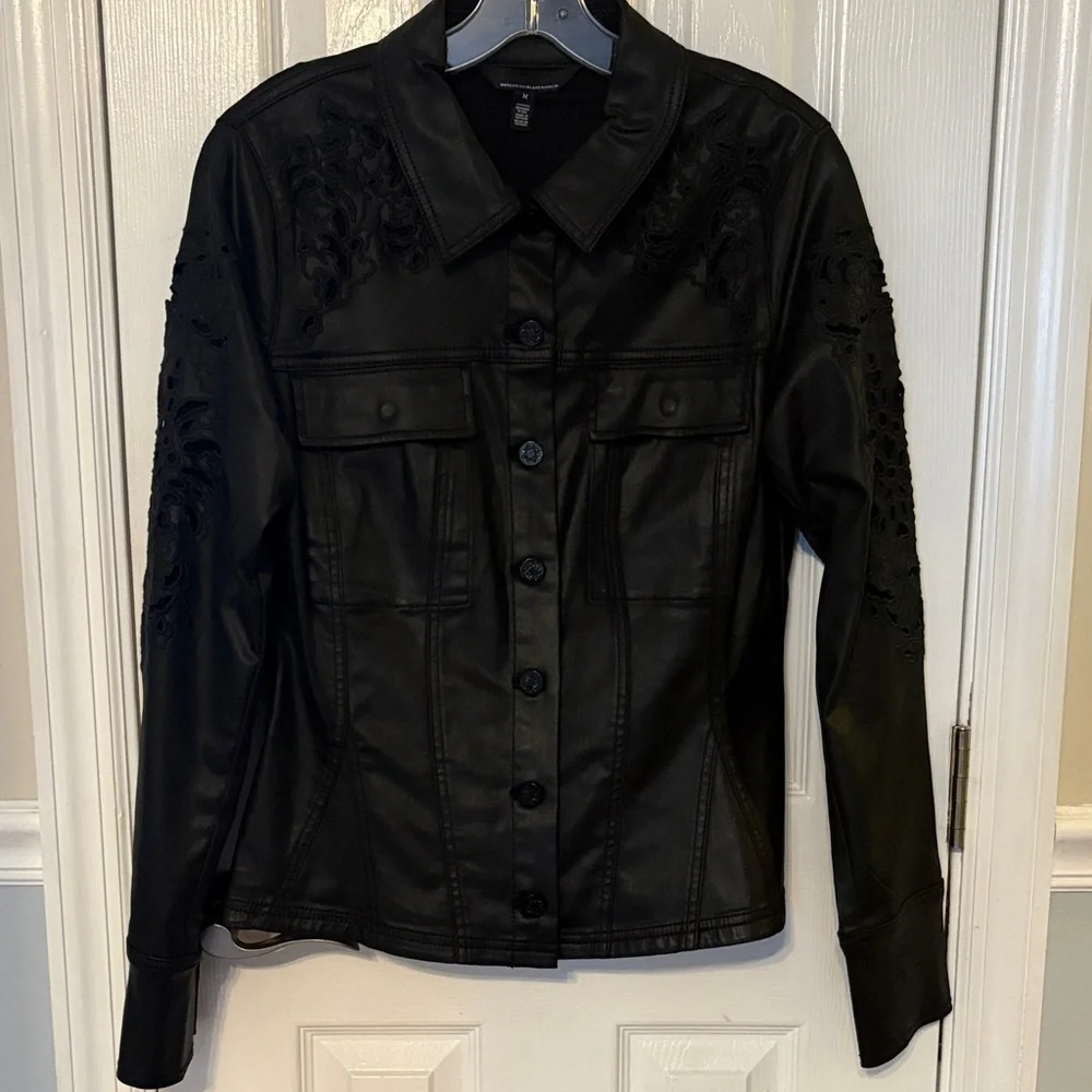WHBM Black Embroidered Womens coated denim Jacket - Picture 3 of 12